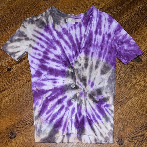 LOFT Purple Tie-Dye Gray & White Short Sleeve Button Up Cardigan Top Size S - Picture 2 of 14